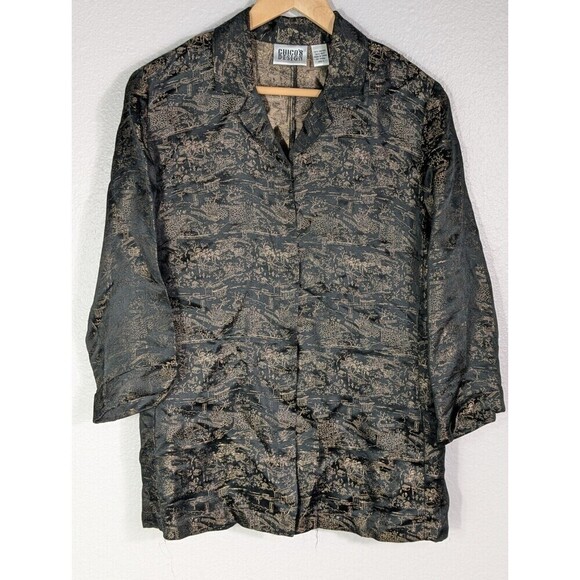 Chico's Design Black Silk Blend Asian Print Women Button Front Sz 1 Mediun N90 - Picture 1 of 6